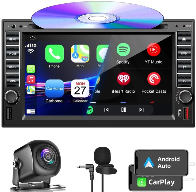 Main image of Double Din Car Stereo Radio With CD/DVD Player, Voice Control Carplay & Android Auto, 7 inch Car Audio With HD Touchscreen, Bluetooth, Mirror Link, Backup Camera, SWC, FM/AM, USB/SD, A/V Input (Black)