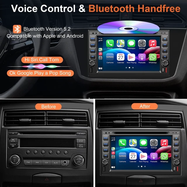 Alt view image 3 of 5 - Double Din Car Stereo Radio With CD/DVD Player, Voice Control Carplay & Android Auto, 7 inch Car Audio With HD Touchscreen, Bluetooth, Mirror Link, Backup Camera, SWC, FM/AM, USB/SD, A/V Input (Black)