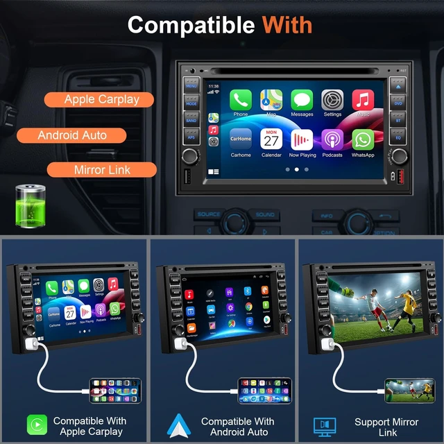 Alt view image 2 of 5 - Double Din Car Stereo Radio With CD/DVD Player, Voice Control Carplay & Android Auto, 7 inch Car Audio With HD Touchscreen, Bluetooth, Mirror Link, Backup Camera, SWC, FM/AM, USB/SD, A/V Input (Black)