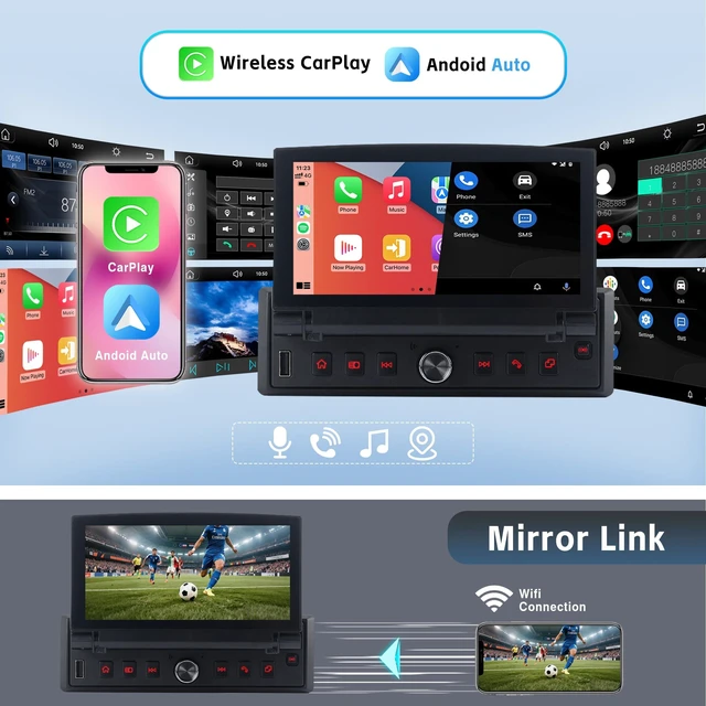 Alt view image 2 of 5 - Single DIN Flip Out Car Stereo Wireless CarPlay & Android Auto
