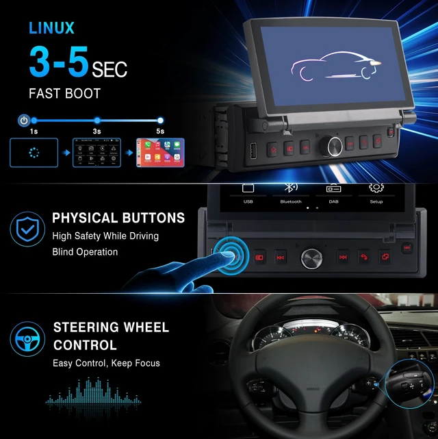 Alt view image 4 of 5 - Single DIN Flip Out Car Stereo Wireless CarPlay & Android Auto