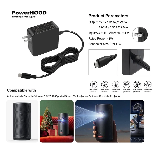 Alt view image 2 of 4 - 45W USB-C Charger for Anker Nebula Capsule 3 Laser D2426 1080p Projector