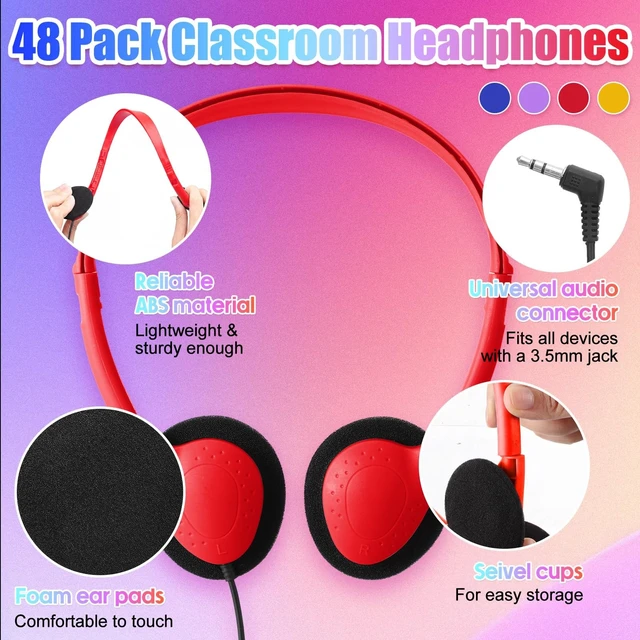 Alt view image 2 of 5 - Frienda 48 Pack Headphones for Classroom,Classic,Navy, Red, Yellow, Purple