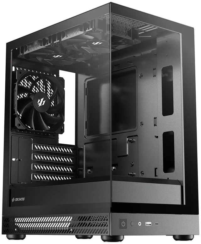 Main image of Okinos Aqua UNO Micro ATX Case, No Radiator Support, Max GPU Length 309mm, Quick-Release Panoramic Tempered Glass Front & Side, 3x120mm Non-PWM Fans Pre-Installed, Type-C 5Gbps, Black