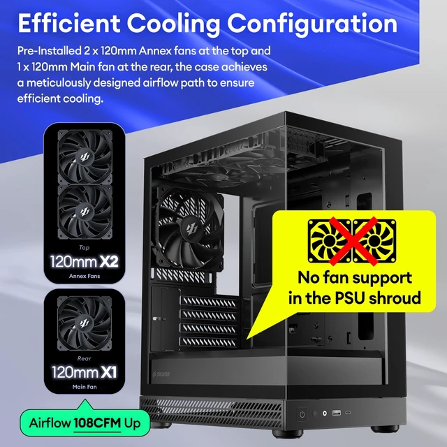 Alt view image 3 of 5 - Okinos Aqua UNO Micro ATX Case, No Radiator Support, Max GPU Length 309mm, Quick-Release Panoramic Tempered Glass Front & Side, 3x120mm Non-PWM Fans Pre-Installed, Type-C 5Gbps, Black