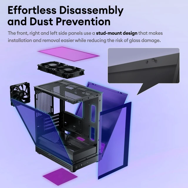 Alt view image 5 of 5 - Okinos Aqua UNO Micro ATX Case, No Radiator Support, Max GPU Length 309mm, Quick-Release Panoramic Tempered Glass Front & Side, 3x120mm Non-PWM Fans Pre-Installed, Type-C 5Gbps, Black