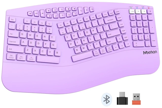 Main image of MEETION Ergonomic Keyboard Wireless, Multi-Device Bluetooth Keyboard, Full-Sized Split Computer Keyboards, Wrist Rest for Natural Typing, for Windows/Mac/Laptop/Table/PC, Purple