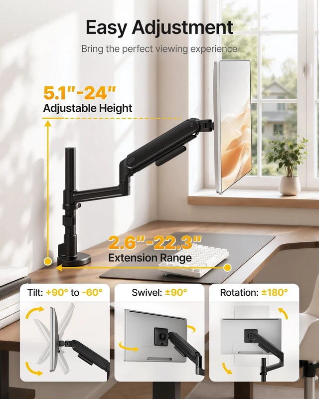 Alt view image 5 of 5 - monTEK Tall Single Monitor Arm, 1740" Full Motion Height AdjustableBlack