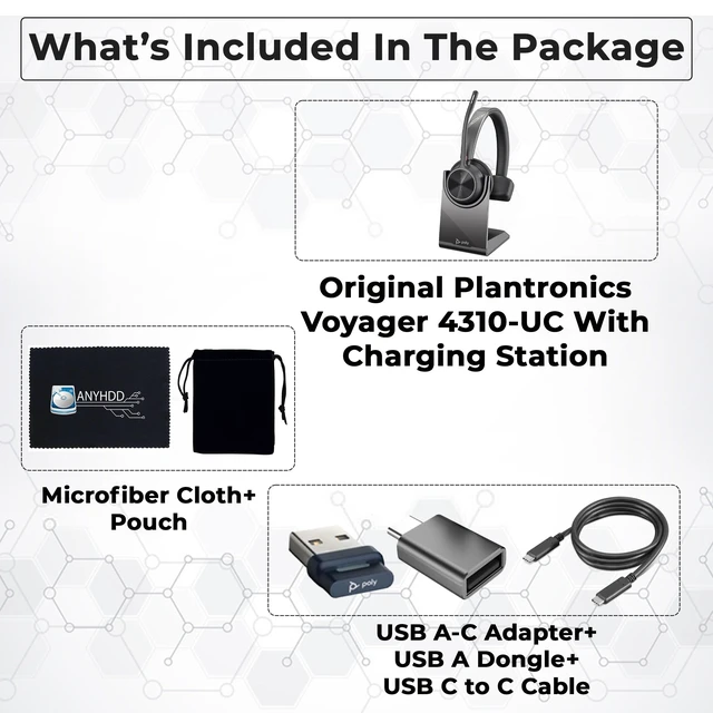 Alt view image 2 of 5 - Poly Voyager 4310 UC Wireless Headset + Charge Stand - Connect to PC/Mac & Cell Phone, Single-Ear Headset with Mic + Charging Station + USB A to C Adapter + USB C-C Cable + Pouch + Microfiber C