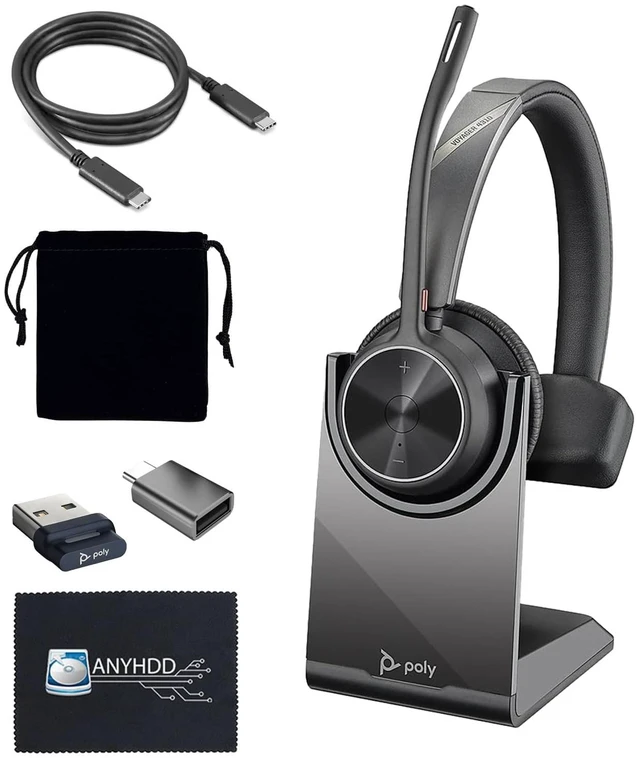 Main image of Poly Voyager 4310 UC Wireless Headset + Charge Stand - Connect to PC/Mac & Cell Phone, Single-Ear Headset with Mic + Charging Station + USB A to C Adapter + USB C-C Cable + Pouch + Microfiber C