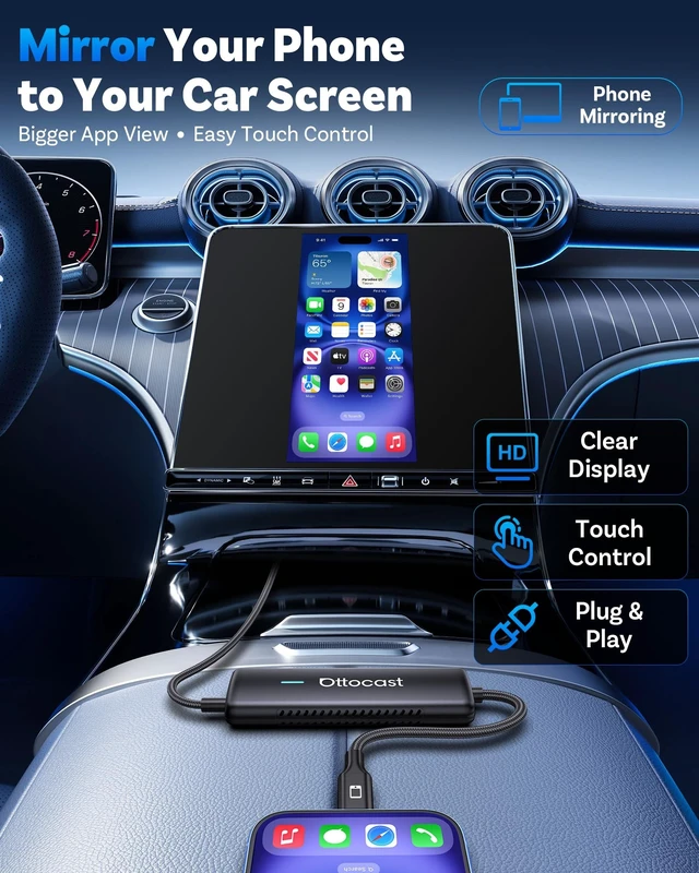 Alt view image 2 of 5 - OTTOCAST Mirror Touch Wireless CarPlay Adapter for iPhone 15+
