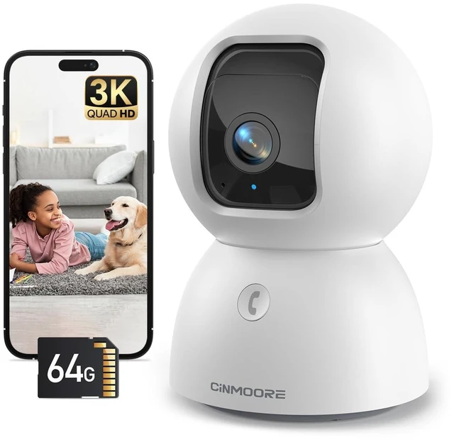 Main image of CINMOORE 3K Indoor Camera with 64GB Card, Human/Pet/Facial AI Detection, Dog/Cat/Pet Camera Indoor with Phone APP, 5GHz 2.4GHz Dual Band Wi-Fi 6, Pan Tilt Auto Tracking, Night Vision, 2-Way Talk