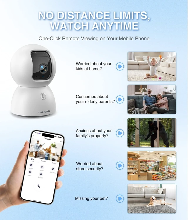 Alt view image 3 of 5 - CINMOORE 3K Indoor Camera with 64GB Card, Human/Pet/Facial AI Detection, Dog/Cat/Pet Camera Indoor with Phone APP, 5GHz 2.4GHz Dual Band Wi-Fi 6, Pan Tilt Auto Tracking, Night Vision, 2-Way Talk