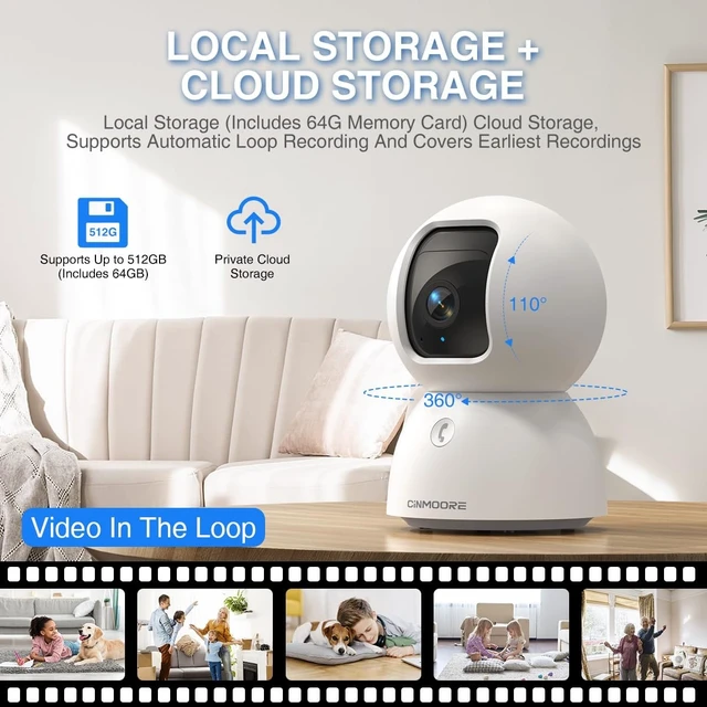 Alt view image 5 of 5 - CINMOORE 3K Indoor Camera with 64GB Card, Human/Pet/Facial AI Detection, Dog/Cat/Pet Camera Indoor with Phone APP, 5GHz 2.4GHz Dual Band Wi-Fi 6, Pan Tilt Auto Tracking, Night Vision, 2-Way Talk