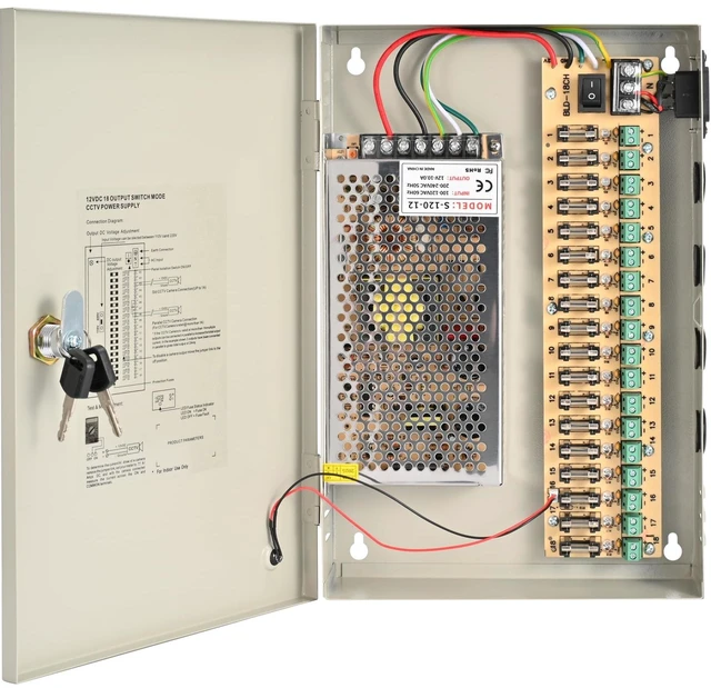 Main image of 18-Channel 12V DC 20A CCTV Power Distribution Box, AC110V to DC12V Security Camera Power Supply with AC Plug and Locking Metal Cabinet for DVR/NVR Systems (18-Channel/20A)