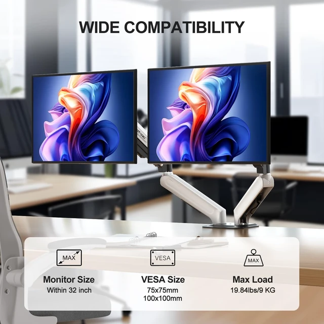 Alt view image 2 of 5 - MT-VIKI Dual Monitor Stand - Gas Spring Double Monitor Arm with Quick Release VESA Plates for 2 Screens 17-32 Inch, Full Motion Articulating Desk Mount, Holds 4.4-19.8lbs