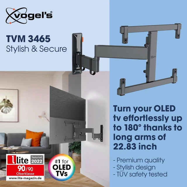 Alt view image 2 of 5 - Vogel's TVM 3465 Full-Motion OLED TV wall Bracket for 32-65 inch TVs, Max. 55 lbs (25 kg), Swivels up to 180, Full-Motion OLED TV wall Mount, Max. VESA 400x400, Universal Compatibility