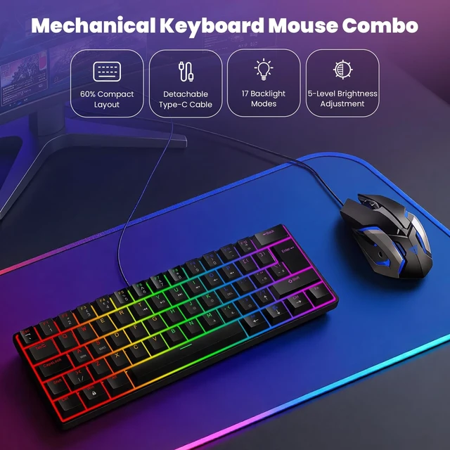 Alt view image 3 of 5 - SOPPY Compact 60% Gaming Mechanical Keyboard and Mouse Combo, RGB Backlit 61 Keys Compact Keyboard, USB Ergonomic Office Wired Keyboards for PC/Laptop/Windows/PS4/Xbox/Mac, Red Switches (Black)