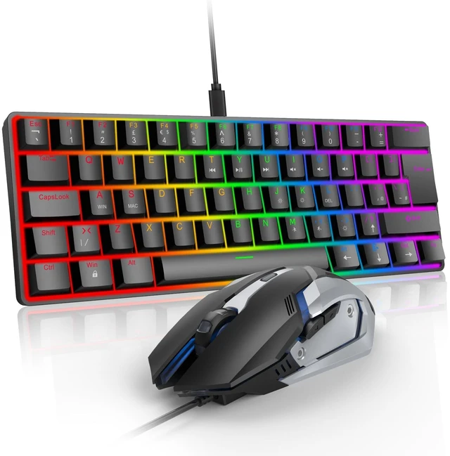 Main image of SOPPY Compact 60% Gaming Mechanical Keyboard and Mouse Combo, RGB Backlit 61 Keys Compact Keyboard, USB Ergonomic Office Wired Keyboards for PC/Laptop/Windows/PS4/Xbox/Mac, Red Switches (Black)