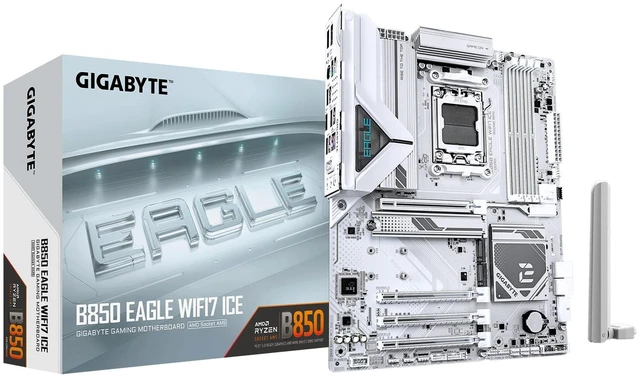 Main image of GIGABYTE B850 Eagle WIFI7 ICE AMD AM5 ATX Motherboard, Support AMD Ryzen 9000/8000/7000 Series, DDR5, 8+2+2 Power Phase, 3X M.2, PCIe 5.0, USB-C, WIFI7, 2.5GbE LAN, EZ-Latch, 3-Year Warrant