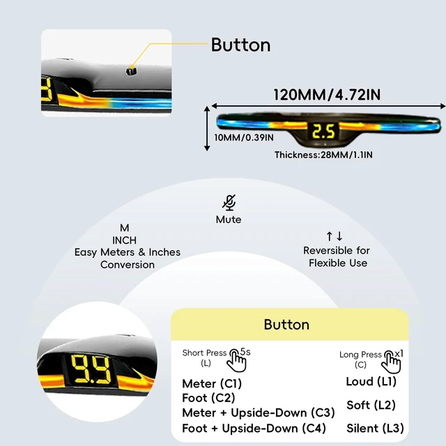 Alt view image 5 of 5 - SANDETOUN Parking Sensor kit New Feature Rear with Selectable Distance in Feet, Bidirectional Display Options, and Customizable Numeric Orientation and There are 20 Color Probes to Choose from(Black)