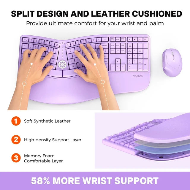 Alt view image 2 of 5 - MEETION Ergonomic Keyboard Mouse Combo, Split Design Vertical Mouse, Purple