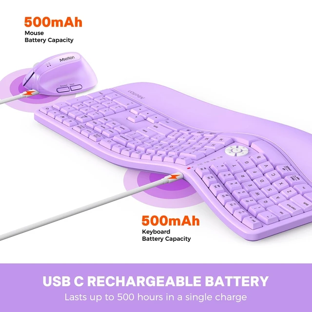 Alt view image 3 of 5 - MEETION Ergonomic Keyboard Mouse Combo, Split Design Vertical Mouse, Purple