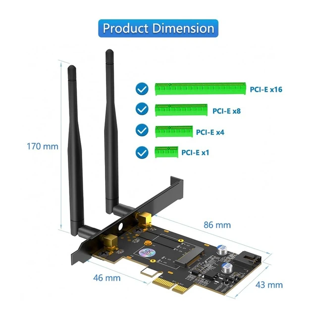 Alt view image 4 of 5 - Mustpoint PCIe X1 to M.2 WiFi Bluetooth Adapter with Heatsink - Supports A+E Key M.2 Modules, Dual-Band 2.4GHz/5GHz ^^ Desktop Wireless Upgrade Solution