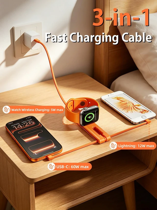 Alt view image 3 of 5 - Drayromn 3 in 1 Charging Cable for Travel Essentials, 60W USB C to Type C Cable with 12W Lightning & 5W Apple Watch Wireless Magnetic Charger,Portable Fast Charging Cord for iPhone 17 Samsu