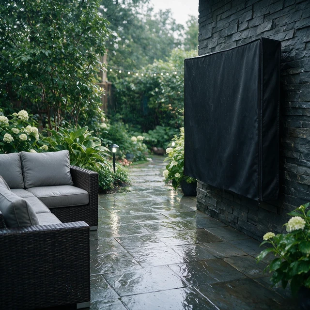 Alt view image 5 of 5 - Leather Outdoor Vinyl Fabric, Marine Faux Leather Waterproof & Weatherproof TV Cover with Roll Up Front, Zipper Closure & Remote Control Pocket, American Flag (Black Leather, TV 60-64")