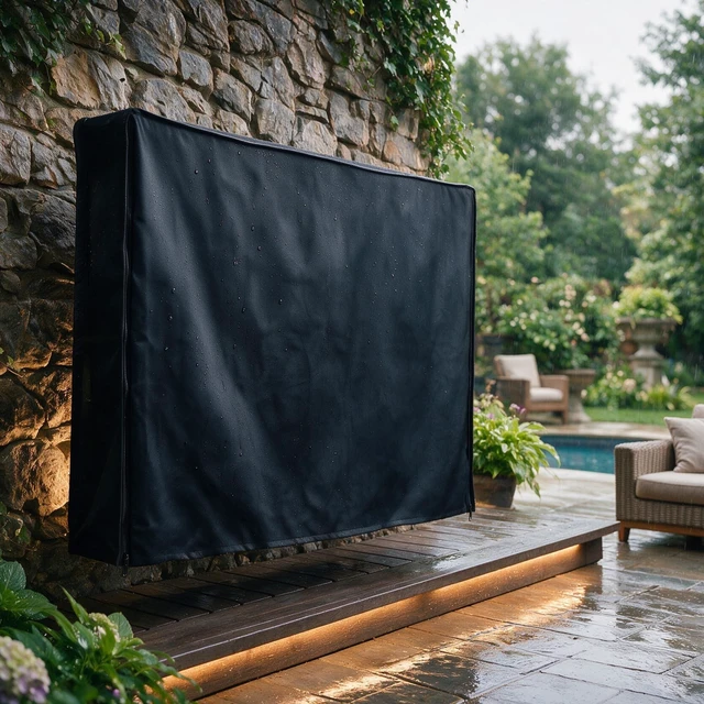 Alt view image 4 of 5 - Leather Outdoor Vinyl Fabric, Marine Faux Leather Waterproof & Weatherproof TV Cover with Roll Up Front, Zipper Closure & Remote Control Pocket, American Flag (Black Leather, TV 60-64")