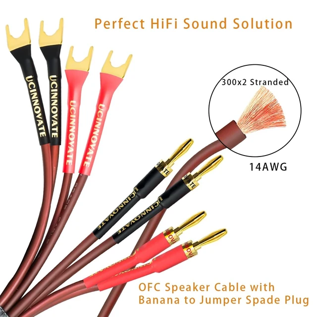 Alt view image 5 of 5 - UCINNOVATE 2 Pack HiFi OFC Speaker Cable with Banana Plug to Jumper Spade, Banana Plug to U Fork Plug 14AWG Speaker Wire Cord Jumper Bridge Cable for Speaker Amplifier (6.56FT)