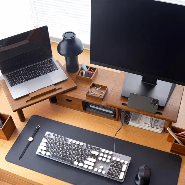 Alt view image 4 of 5 - ROCDEER Dual Monitor Stand Riser with Drawer for Desk Laptop