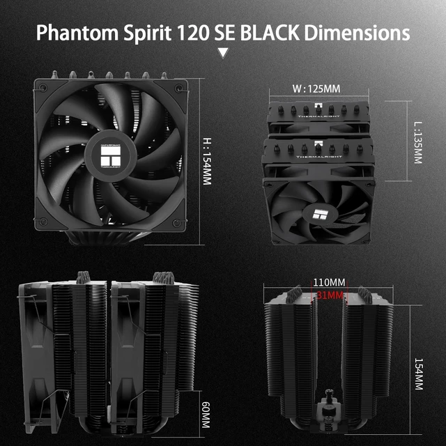 Alt view image 2 of 5 - Thermalright TR Phantom Spirit 120 SE Black CPU Air Cooler,7 Heat Pipes CPU Cooler,Dual 120mm PWM Fans, AGHP 4.0 Technology,for AM4/AM5&Intel 1851/1700/1150/1151/1200, PC Cooler Tower