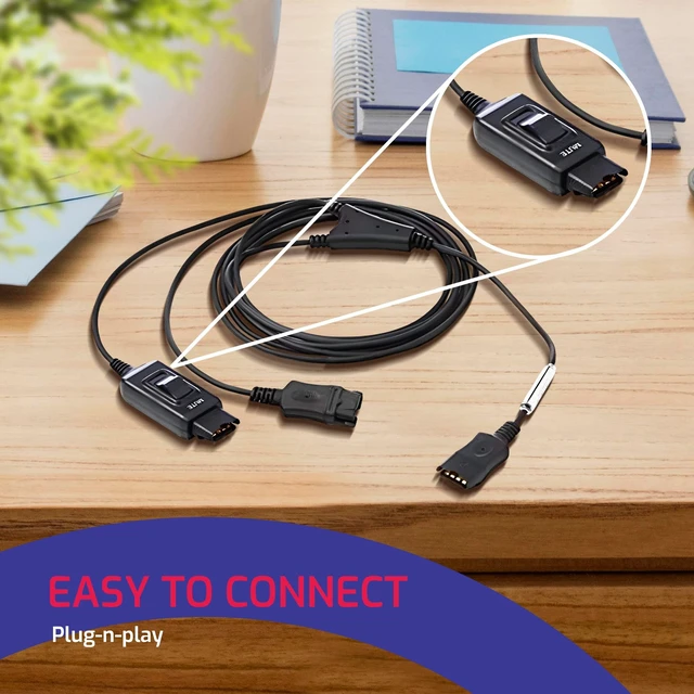 Alt view image 3 of 5 - Global Teck Quick-Disconnect Inline Mute Adapter Cord for Plantronics-Style Headsets, Works with Poly H/HW, AddaSound and VXI-P Wired Headsets, 1-Pack