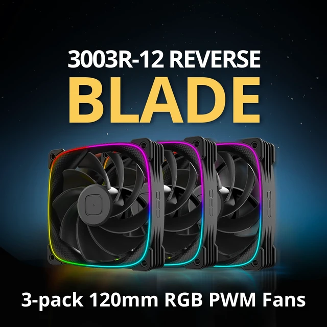 Alt view image 2 of 5 - Geometric Future Squama 3003R-12 Reverse Blade RGB PWM Fan - 120mm x 30mm High-Performance PC Case Fans, Double-Sided ARGB Lighting, Hydro Dynamic Bearing - Black, 3-Pack, GEO-S3003RB-12T