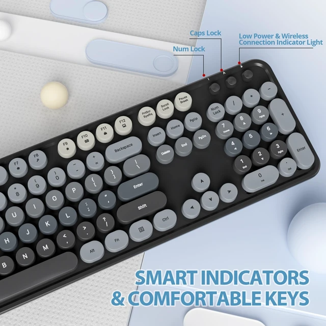 Alt view image 4 of 5 - Ussixchare Black Wireless Keyboard and Mouse, Cute Keyboard and Mouse Combo, Full Size Typewriter Keyboards with Number Pad, Colorful Key Board for Pc Laptop