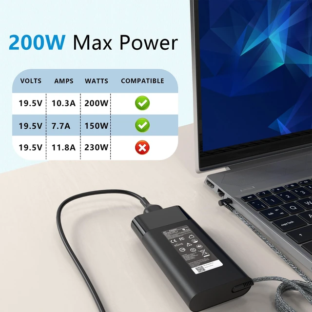 Alt view image 2 of 5 - 200W Laptop Charger for HP Original Omen, Pavilion Gaming 15 16 17, Victus 15 16, ZBook 15 17, ZBook Fury Create Studio Envy 15 2020 TPN-DA10 Gaming Laptop Power Adapter Supply AC Adapter