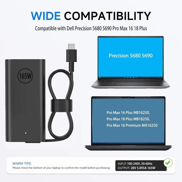 Alt view image 2 of 5 - 165W GaN USB-C Laptop Charger Compatible with Dell Precision 5690/5680 Pro Max 16/18 Plus MB16250 MB18250 Mobile Workstations, Replacement for HA165PM210 DA165PM210 LA165PM210 Gaming Laptops