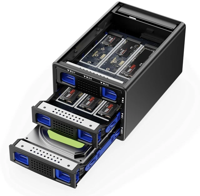Main image of CENMATE Hybrid 2.5/3.5" SATA HDD/SSD+6* M / B+M Key M.2 NVMe Enclosure with Cooling Fan and USB A/C 3.2 Gen 2, Hard Drive Enclosure Support 70TB(22TB HDD+6*8TB 2230/2242/2260/2280/22110 SSDs)