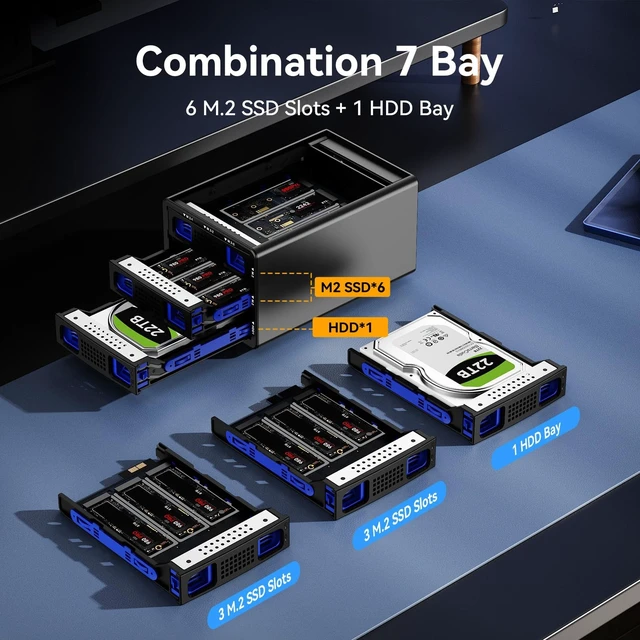 Alt view image 3 of 5 - CENMATE Hybrid 2.5/3.5" SATA HDD/SSD+6* M / B+M Key M.2 NVMe Enclosure with Cooling Fan and USB A/C 3.2 Gen 2, Hard Drive Enclosure Support 70TB(22TB HDD+6*8TB 2230/2242/2260/2280/22110 SSDs)