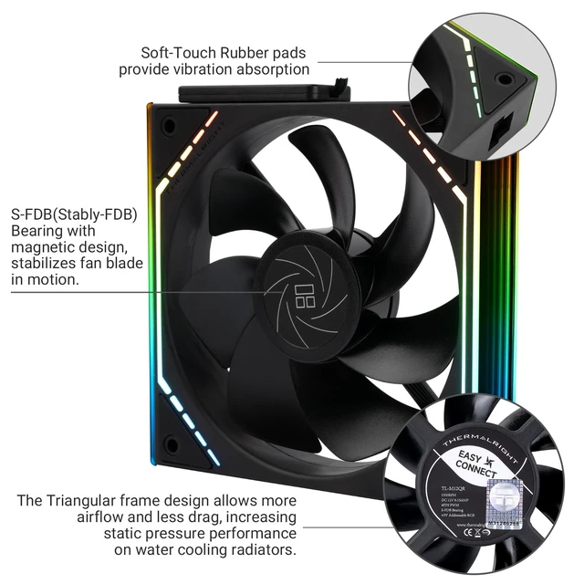 Alt view image 4 of 5 - Thermalright TR TL-M12QR X3 CPU Fan Wireless Splicing 120mm Case Cooler, PWM Connector Silent Computer Cooling with S-FDB Bearing, Building Blocks PC Fan with ARGB Mirror Light Effec