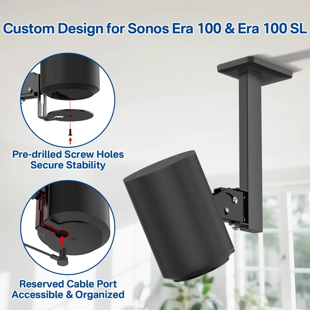 Alt view image 2 of 5 - 2 Pack Speaker Mount for Sonos Era 100 and Era 100 SL Ceiling Mount Tilt +15/-30 & Swivel 90 Adjustable for Sonos Era 100 Mounting for Better Sound Included Screw Kits Easy to Install, Black
