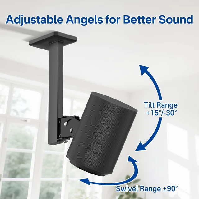 Alt view image 3 of 5 - 2 Pack Speaker Mount for Sonos Era 100 and Era 100 SL Ceiling Mount Tilt +15/-30 & Swivel 90 Adjustable for Sonos Era 100 Mounting for Better Sound Included Screw Kits Easy to Install, Black
