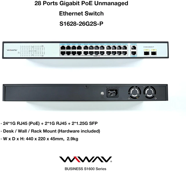 Alt view image 3 of 5 - WIWAV S1628-26G2S-P 28-Port Gigabit PoE Unmanaged Ethernet Switches - Full Duplex LAN Hub for Enterprise, Business, Home, Office, NAS, AP, PoE Surveillance Camera (Built-in 400W, Metal, Plug&Play)