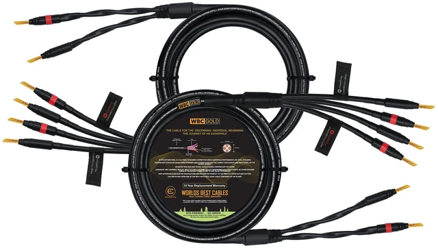 Main image of WORLDS BEST CABLES 15 Foot WBC-GOLD-LOCAP-SPKR-12 AWG - Low-Capacitance - Low-Inductance - High Purity OFC - Audiophile HiFi Bi-Wire Speaker Cable Pair with Eminence Gold Banana Plugs