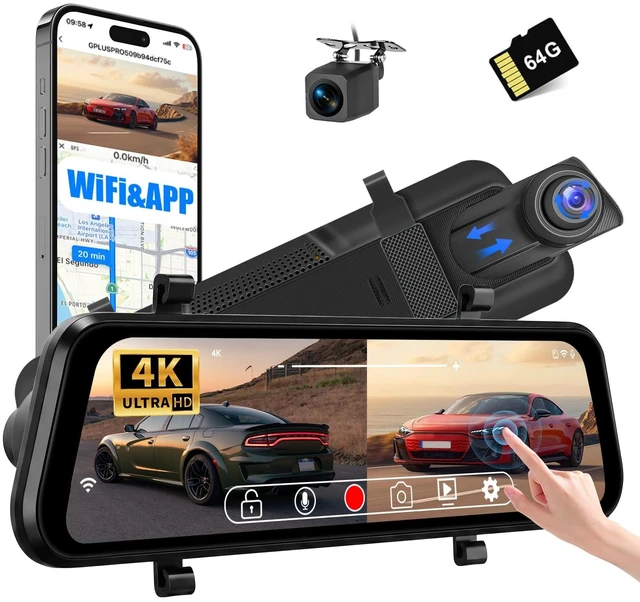 Main image of 9.66" IPS Touchscreen Dash Cam Front and Rear with WiFi & App