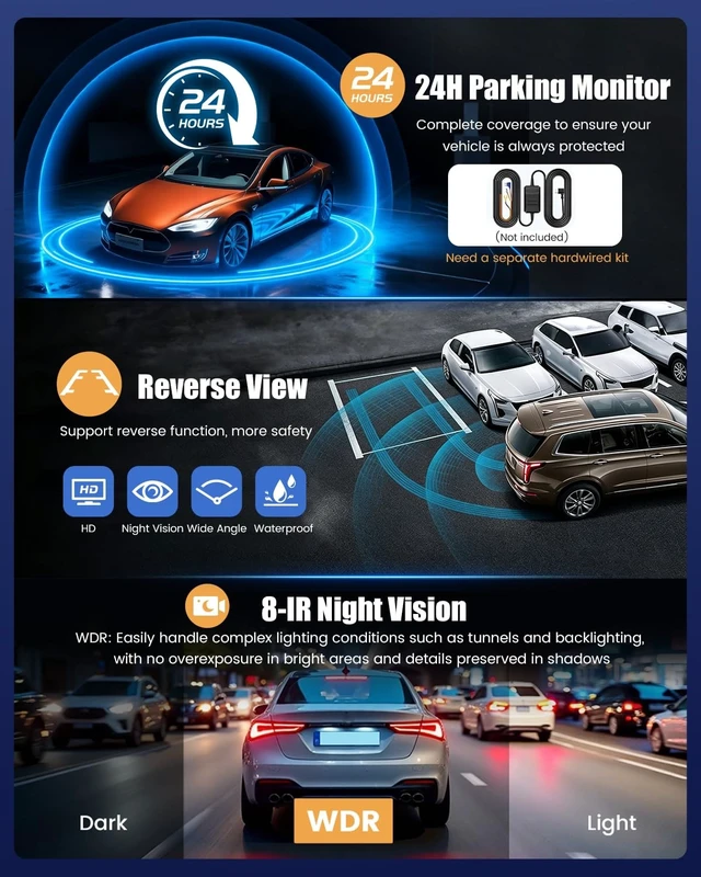 Alt view image 4 of 5 - 9.66" IPS Touchscreen Dash Cam Front and Rear with WiFi & App