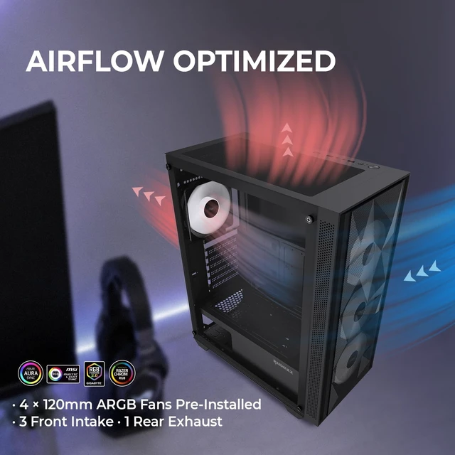 Alt view image 3 of 5 - RAIDMAX V217 ATX Mid Tower Mesh Gaming PC Case, High Airflow Front Panel Design, 4X 120mm ARGB Fans Pre-Installed, Tempered Glass Side Panel, Supports 305mm GPU / 240mm Radiator (Black)