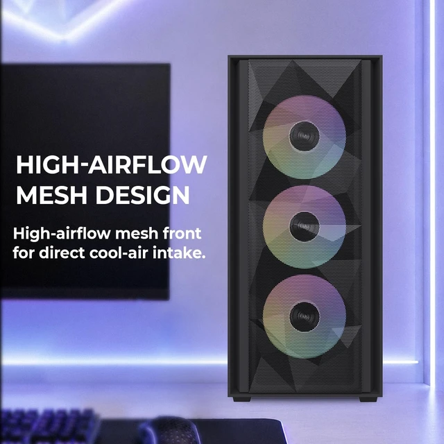Alt view image 2 of 5 - RAIDMAX V217 ATX Mid Tower Mesh Gaming PC Case, High Airflow Front Panel Design, 4X 120mm ARGB Fans Pre-Installed, Tempered Glass Side Panel, Supports 305mm GPU / 240mm Radiator (Black)